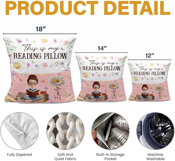 Custom Pocket Pillow, Birth Month Flower Personalized Book Reading Pillow, Bookish Gifts for Book Lovers, Bookworms, Readers, Reading is My Therapy, Librarian Gifts for Women Students