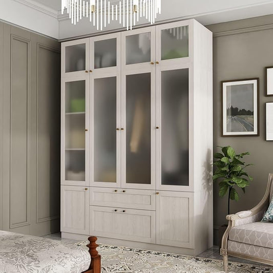 4 Door Wardrobe Armoire Closet with Hanging Rods & 2 Drawers, Bedroom Armoire with Frosted Glass Doors, Top Cabinets & Gold Handles, Wood Grain, 19.7”D x 63”W x 86.6”H