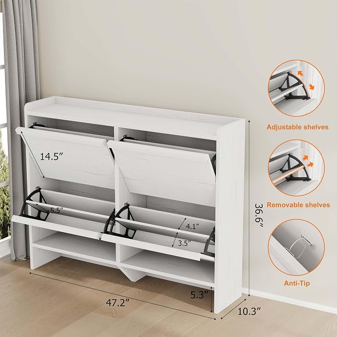 GarveeHome Shoe Cabinet with 4 Flip Drawers, Wooden Shoe Organizer Cabinet with Adjustable Shelf, Shoe Storage for Entryway, Hidden Shoe Cabinet for Hallway, Living Room, White - Image 2