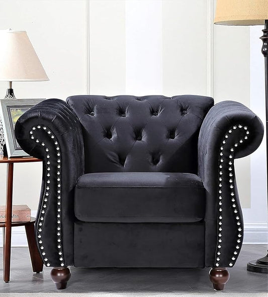 Feinstein Modern Velvet Chesterfield Couches for Living Room with Nailheads, Diamond Tufting & Durable Metal Frame, Chair, Black