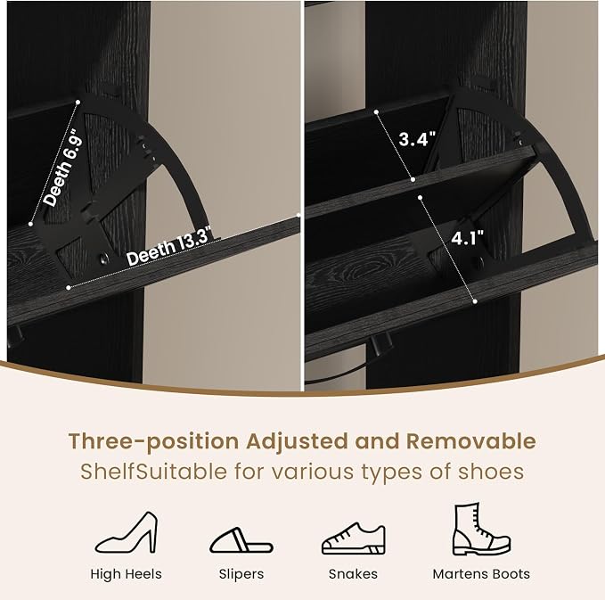 Shoe Cabinet Organizer with 2 Flip Drawers, Farmhouse Narrow Shoe Cabinet with 2 Adjustable Shelves & 2 Hooks, Shoe cabinet storage for entryway, Foyer, Hallway, Black, 31.5"W x 8.7"D x 41.7"H - Image 6