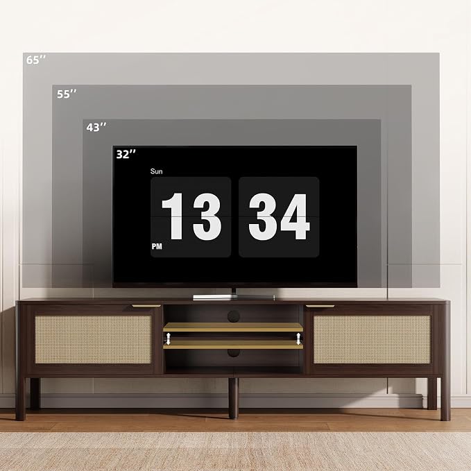 IKALIFE TV Stand for Living Room - Fits up to 65 Inch TVs, Rattan Media Console Table with Adjustable Shelves & 2 Storage Cabinets, Mid-Century Modern Entertainment Center, Walnut 58" - Image 3
