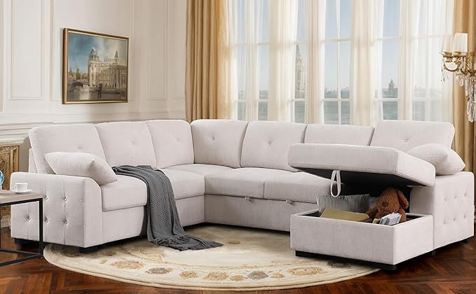 ERYE U-Shaped Pull Out Sleeper Couch Bed, Modern Chenille Upholstered Button Tufted Corner Couch Right Facing Sectional Sleeper Sofa Bed W/Storage Chaise and 2 Pillows