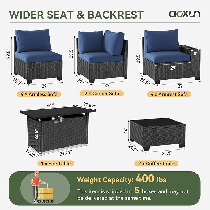 Aoxun Patio Furniture Sets with 44'' Fire Pit, 13 Pcs Outdoor Patio Coversation Sets with 4in Thicken Cushion, Widen Armrests Wicker Outdoor Sectional for Backyard (Waterproof Cover Include)