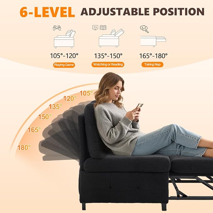 VINGLI Convertible Sofa Bed Tufted Teddy Fleece Sleeper Chair Bed Couch Armless Living Room Chairs with Adjustable Backrest Pull Out Couch Bed for Small Spaces