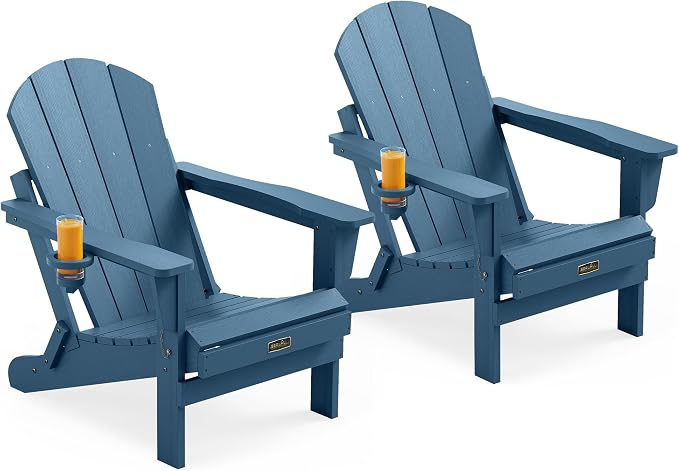 SERWALL Folding Adirondack Chair with Cup Holder Set of 2, All Weather Adirondack Chairs, Wooden Textured Fire Pit Chairs for Patio Garden Outdoors Fire Pit - Blue by SERWALL
