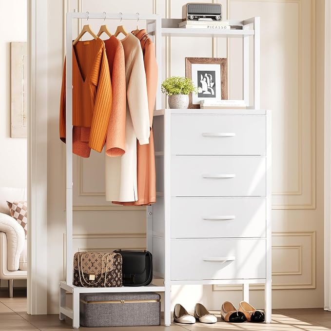 Yoobure White Dresser with Hanging Rack - Small Dresser for Bedroom with 4 Drawers, 44'H Chest of Drawers, Reversible Kids Dressers with Storage Shelf, Closet Dressers with Clothes Rack, Sturdy Frame by Yoobure
