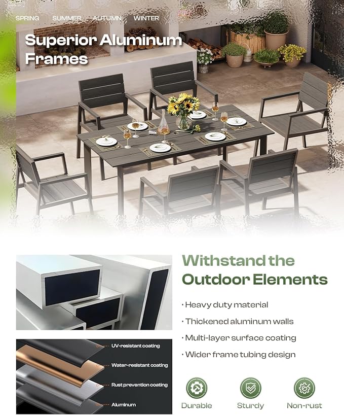 Outdoor Dining Set for 6, Patio Table and Chairs Set with Umbrella Hole, 7 Pieces HDPS + Aluminum Outdoor Furniture Sets for Patio, Garden (Charcoal) - Image 4