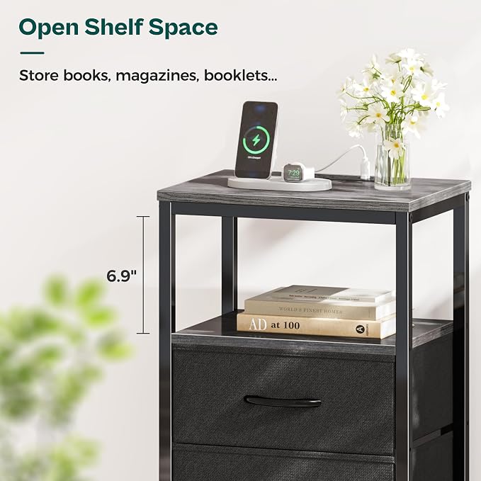 Huuger Nightstand with Charging Station, Side Table with Fabric Drawers, End Table with Open Shelf, Bedside Table with USB Ports and Outlets, Night Stand for Bedroom, Charcoal Gray - Image 6