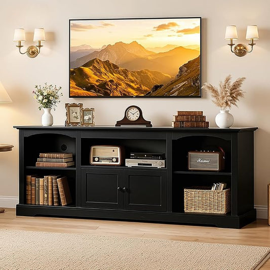 LUCKLIFE 71" TV Stand for TVs up to 80 Inch,Modern Farmhouse Entertainment Center with Arched Cabinet Doors & Open Adjustable Storage Shelves,Media Console Table for Living Room (Black, 71 inch) by Unknown