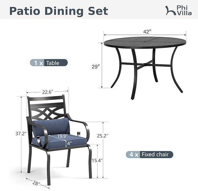 PHI VILLA 5 Pieces Outdoor Dining Set for 4, 42" Round Black Metal Table with Umbrella Hole & Wrought Iron Chairs, Large Outside Furniture with Blue Cushions & Pillows for Patio, Deck, Porch - Image 2
