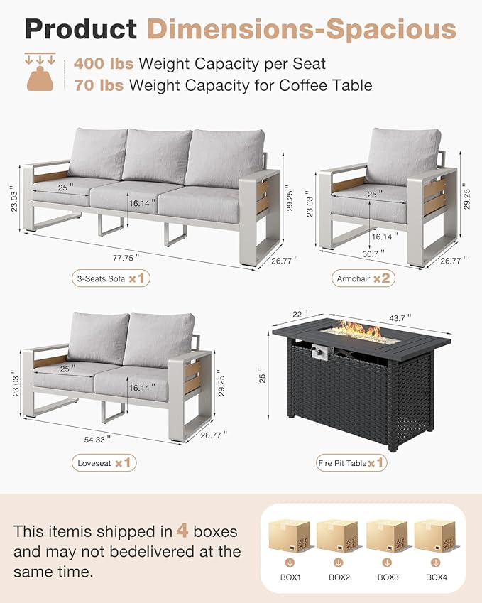 Aoxun Aluminum Patio Furniture Set with Fire Pit Table, 5 Piece Luxury Outdoor Sectional with 6" Olefin Fabric Cushions, Patio Conversation Sets with Waterproof Cover for Backyard, Porch Grey