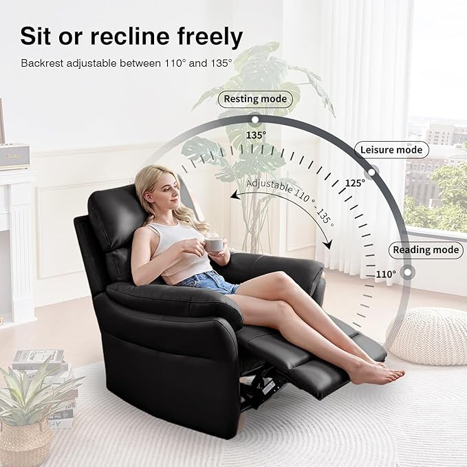 AIRSKY Genuine Leather Recliner Chair, Top Grain Leather, Italian Water-Washing Process, Reclining Sofa Chair for Reading, Single Sofas for Living Room, Theater Seating, Bedroom. Black,R1
