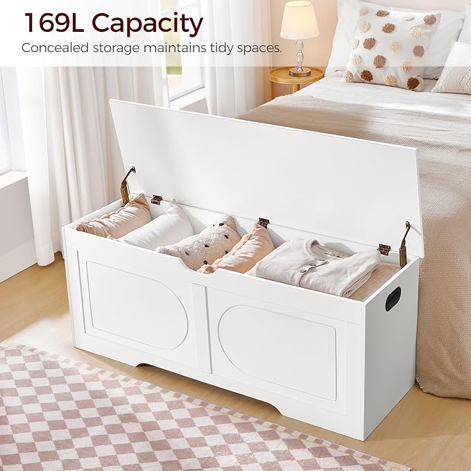 MAHANCRIS Storage Chest, 47.2” Toy Box, Entryway Storage Trunk, Shoe Bench with Storage, Engineered Wood Storage Cabinet with 2 Safety Hinges, Entrance Bench for Living Room, White SCWT2201 - Image 4