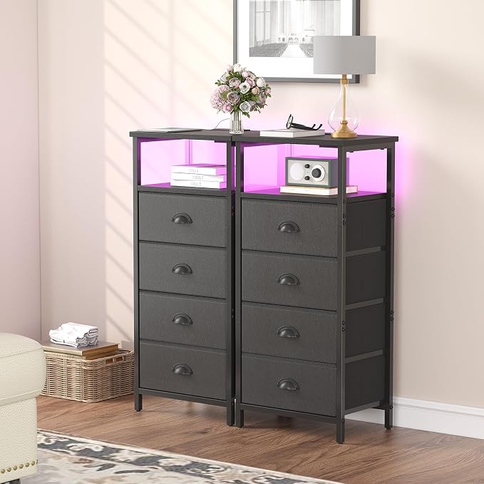 sthmec Nightstand with Charging Station,LED Black Nightstand with 4 Fabric Drawers PU Finish, Bedside End Tables, 2-Tier Open Storage Shelf Side Table Nightstand with Drawers for Bedroom,Black - Image 7