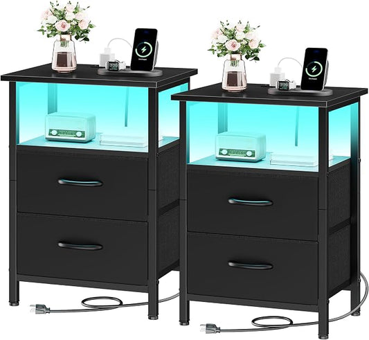 Vagusicc Nightstands Set of 2, Bedside Tables with Charging Station & LED Lights, Black Night Stands with 2 Fabric Drawers, End Table with Storage Shelf, 24.2" Tall Bed Side Table Set of 2 for bedroom by Vagusicc
