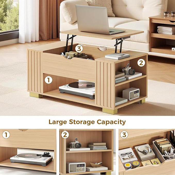 COMHOMA Lift Top Coffee Tables for Living Room, 39" Center Table with Hidden Storage Compartment, Adjustable Wooden Tea Table for Small Spaces, Light Oak
