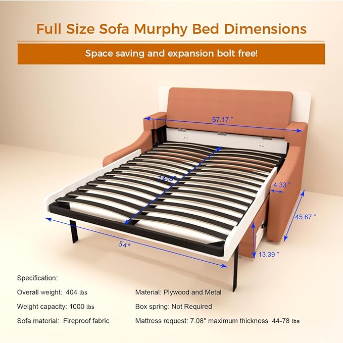 Full Size Murphy Bed Cabinet with Loveseat Sofa, White Hidden Beds,Wall Bedframe w/Orange Couch for Bedroom,Space-Saving, Noise Free