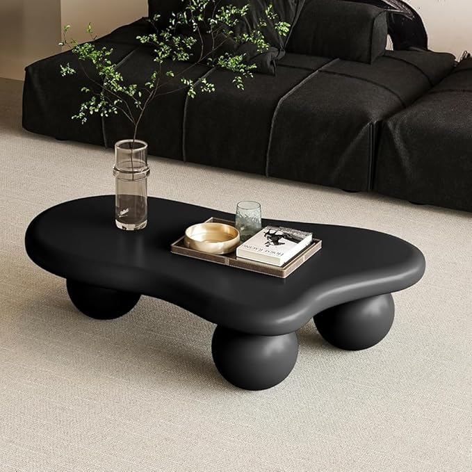 40" Irregular Cloud Coffee Table Asymmetrical Tea Table Low Center Tables with 3 Ball Legs for Living Room Office Apartment Modern Furniture Cream Black