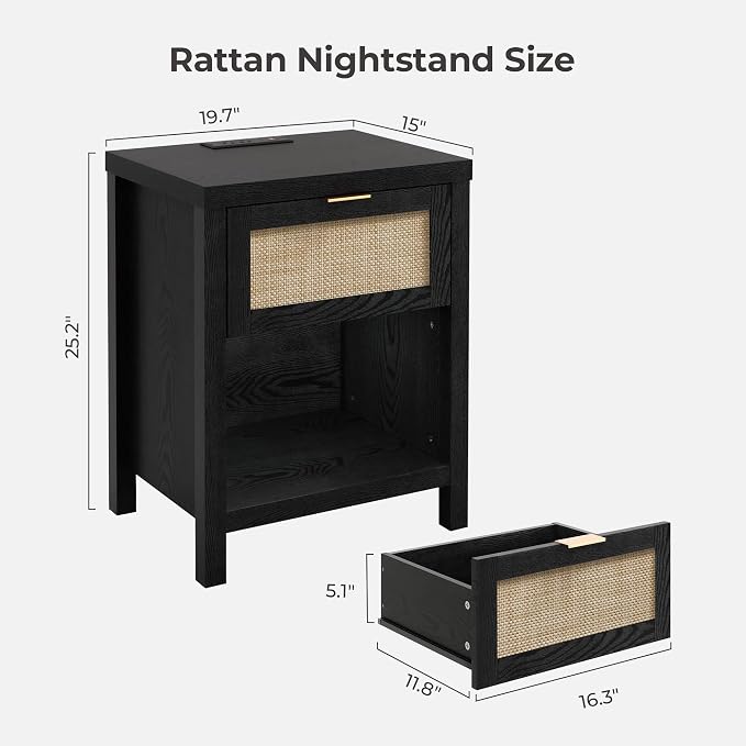SICOTAS Black Nightstands Set of 2 with Charging Station - Rattan Night Stand with Drawer, Modern Bedside Table with USB and Type-C Ports, Bed Side Tables for Bedroom, Black Oak, 2 PCS - Image 2