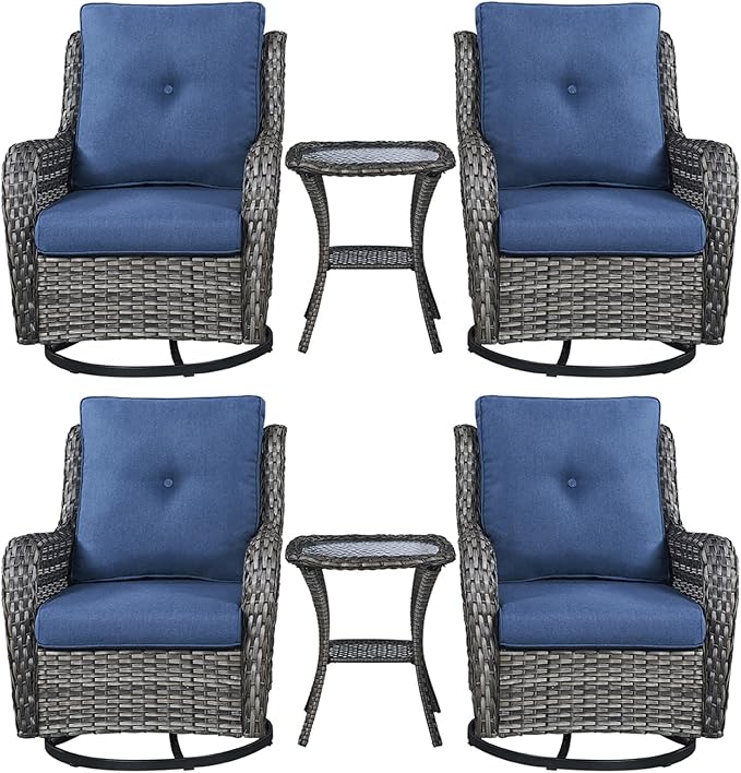 Rilyson Wicker Rocking Chair Swivel Chairs – 6 Piece Rocker Patio Furniture Set Rattan Rocking Bistro Sets with Glass Top Side Table for Outdoor Porch Deck Garden Backyard(Mixed Grey/Blue)