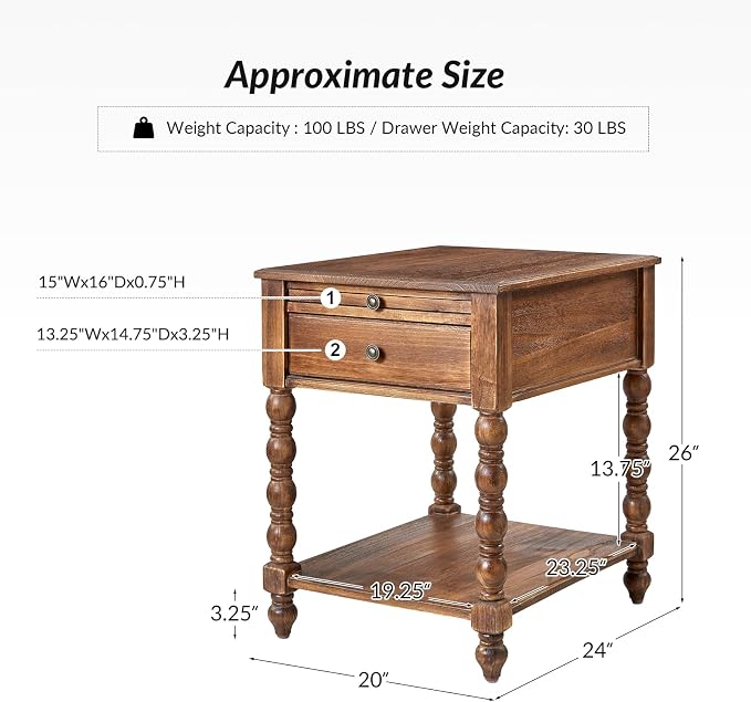 HULALA HOME Spindle Nightstands with Charging Station, Solid Wood Nightstand with Drawer Shelf, Side Table with Pull-Out Shelf (1, Walnut) - Image 2