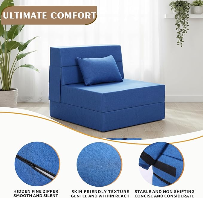 Folding Sofa Bed, Foldable Sleeper Chair with Pillow, Convertible Fold Out Chair Bed with Washable Cover, Foldable Mattress for Living Room, Bedroom, Guest Room, Single Size, Blue