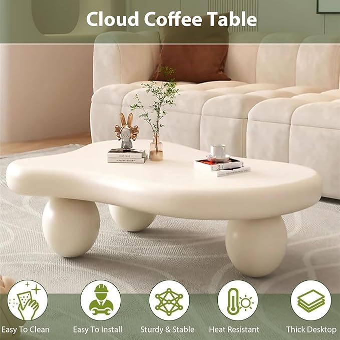 Modern Wooden Coffee Table Cloud Coffee Table Cute Central Living Room Low Table Irregular Indoor End Table with 3 Ball Legs for Living Room Bedroom (White Oval Leg b 47.2 inch)