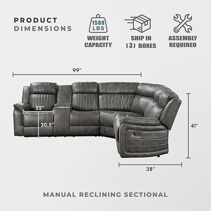 Lexicon Reclining Sectional Couches for Living Room, Modern Sofa, L Shape Sectional Couch with Drop-Down Cup Holders and Storage Arms, Manual Recliner Sectional Sofa, Brownish Gray