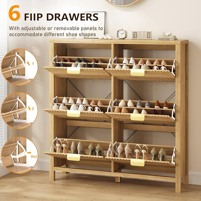 YOMILUVE 47.3" Shoe Cabinet Storage for Entryway, Fluted Shoe Cabinet with 6 Flip Drawers, Slim Shoe Rack Freestanding Wooden Shoe Organizer with Legs for Hallway, Oak - Image 4
