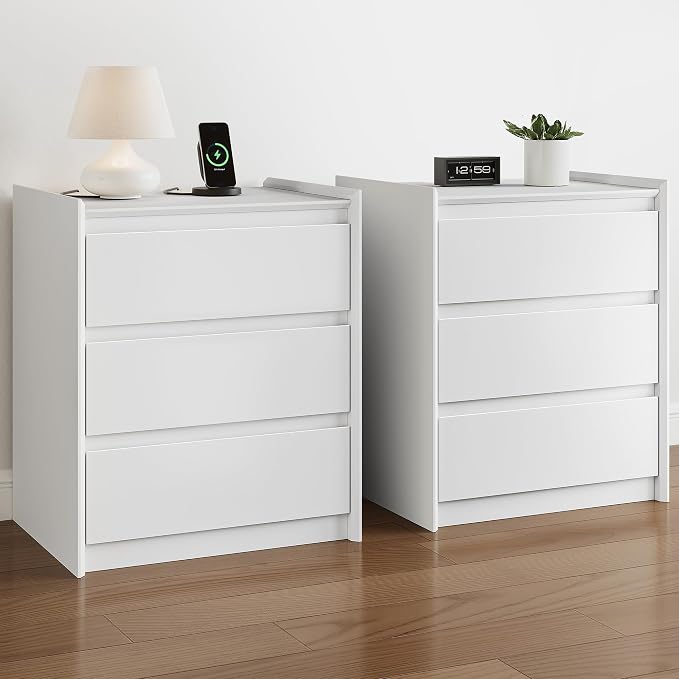 24" Tall Nightstand with Charging Station Including USB-C, Modern Bedside Table and Sofa End Table - White, 3 Drawers, Set of 2 by FurniXpress