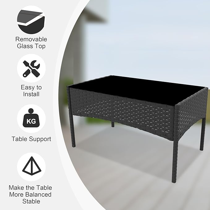 4 Piece Patio Furniture Set, Outdoor Deck Rattan Chair Wicker Combo Furniture, All Weather Dialogue Rattan Sofa with Upholstery and Glass Table for Garden, Backyard, Porch, Lawn, Pool, Black