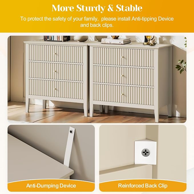 May in Color Large Beige 3 Drawer Dresser, Painted 30 Inch Tall Wood Nightstand with Storage, Wide Modern Chest of Drawers with Ball Bearing Slide for Bedroom Hallway Living Room Entryway Office - Image 5