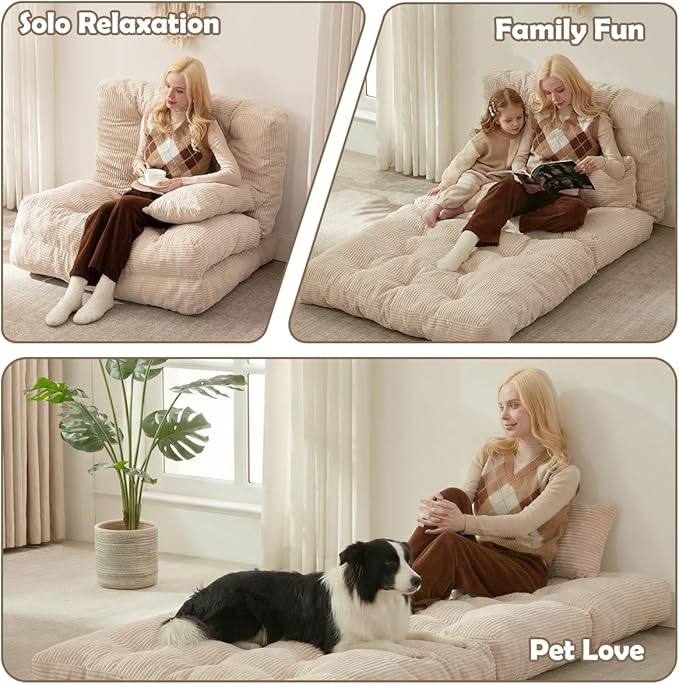 Folding Sofa Bed, Convertible Sleeper Chair with Pillow Foldable Mattress with Back Support, Portable Fold Out Chair Bed Comfy Floor Sofa Lounge for Living Room Bedroom, Beige Twin 80x39 Inch