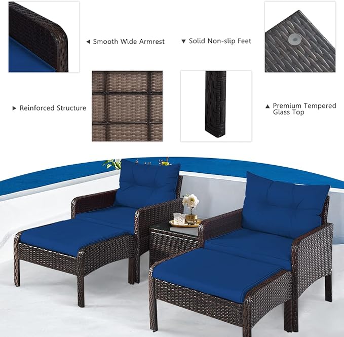 HAPPYGRILL 5 Pieces Patio Furniture Set Outdoor Rattan Wicker Conversation Set with Coffee Table Cushioned Sofas and Ottoman Chat Set for Garden Backyard