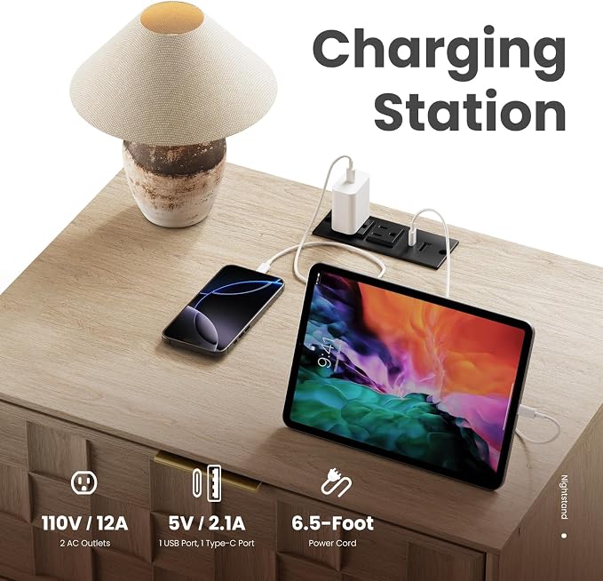 COLAMY Nightstand Set of 2, Night Stand with Charging Station, 2 Drawers Modern Bedside End Table Dresser, with Chessboard Relief and Wood Legs, for Bedroom, Closet and Small Space - Oak - Image 3