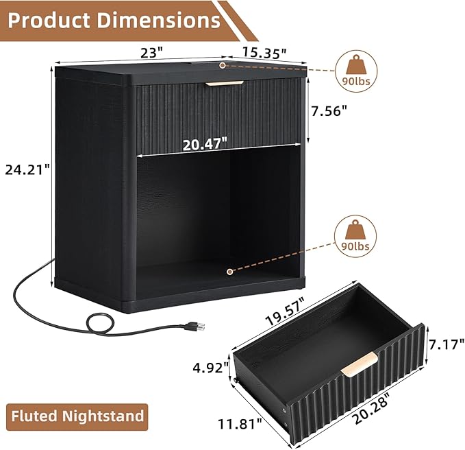 LEYAOYAO Fluted Nightstand with Charging Station, 23" Wide 1 Drawers End Table,Black Night Stand with Open Storage Cabinet, Farmhouse Bed Side Tables, Wood Dresser for Bedroom, Living Room, Closet - Image 2