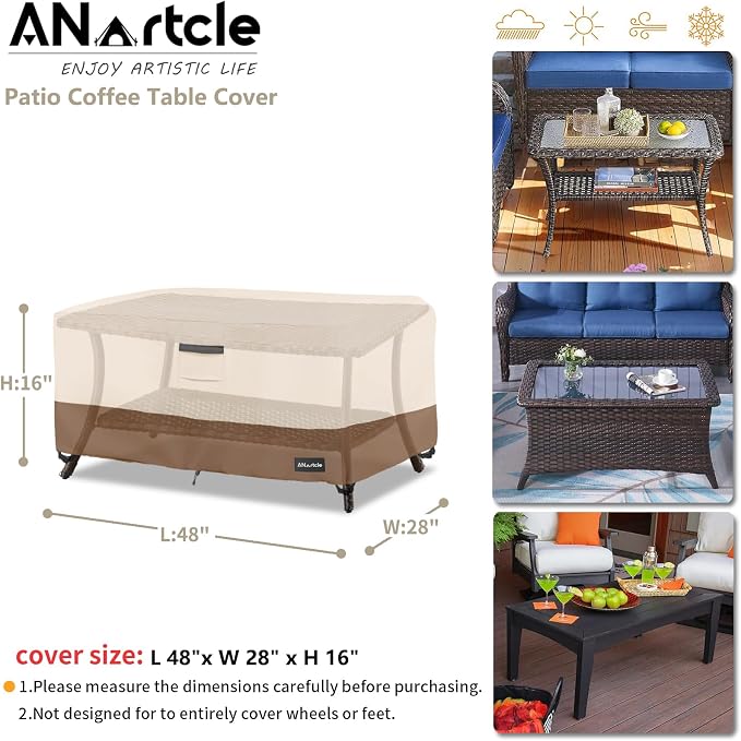 ANartcle Patio Coffee Table Cover, 600D Waterproof Heavy Duty Rectangular Outdoor Table Cover,Patio Furniture Covers,48 x 28 x 16 inch,Beige&Brown. - Image 3