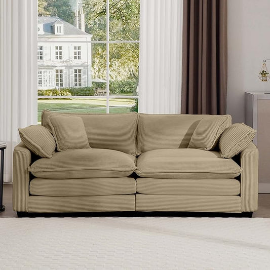 KEIKI 80" Oversized Corduroy Modular Sectional Loveseat Sofa with High-Density Foam Cushions, Removable Armrests, Upholstered Modern 2-Seater Fluffy Corner Couch with 4 Pillow, for Living Room, Tan