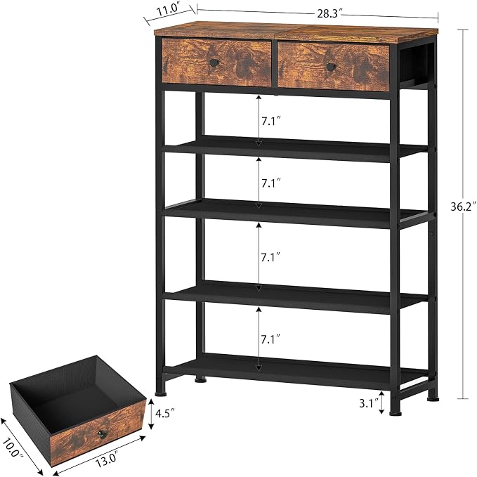 usikey Shoe Rack, 5 Tier Shoe Storage Organizer with 2 Drawers, Metal Shoe Shelf for 12-16 Pairs of Shoes, with 4 Oxford Fabric Shelves and Wooden Top, Shoe Stand for Closet Entryway, Rustic Brown - Image 3