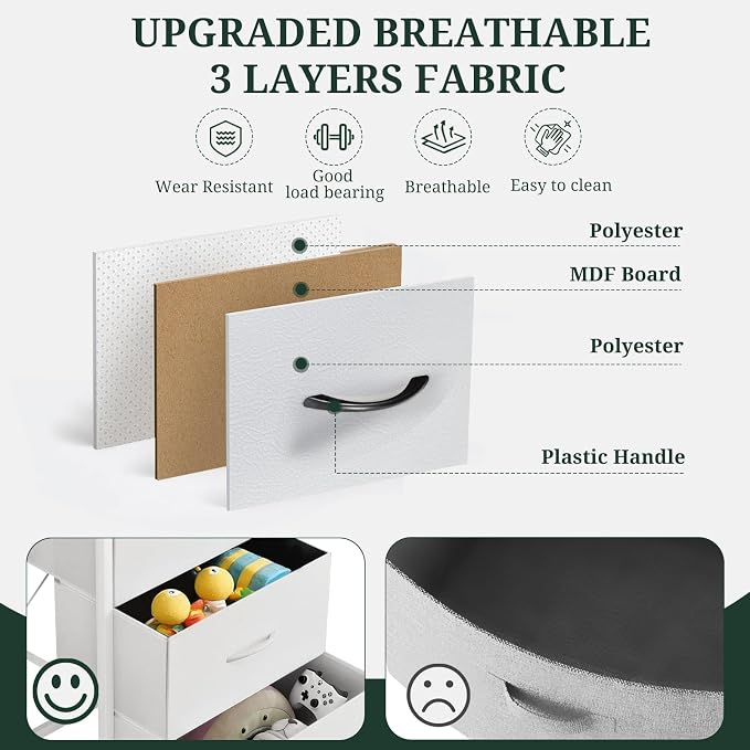 Nightstand, Small 2 Drawer Dresser End Table Bedside Furniture, Wooden Top Fabric Bins for Bedroom, Closet, Entryway, Dorm, 11.8" D x 18" W x 20", White - Image 6