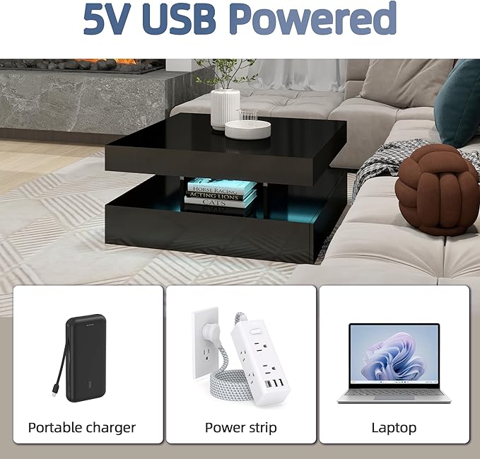 LED Coffee Table for Living Room, 2-Tier Modern Square Center Table with Music Sync Lights, High Gloss Surface, 30 3/4" x 30 3/4" (Black)