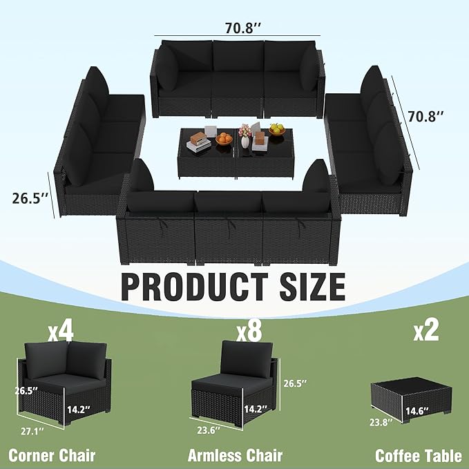 KIGOTY Patio Furniture Set,14 Pieces Modular Outdoor Sectional Sofa, PE Rattan Patio Conversation Set, All Weather Wicker Patio Furniture with Cushions and Coffee Table (Black/Black)