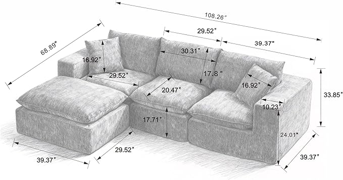 Cloud Modular Sectional Couches Boneless Sofa for Living Room, L Shaped Corner Couch with Movable Ottoman, Memory Foam Compressed 3 Seater Sofa for Bedroom Apartment | Plush, Wider Armrest, Free Combination