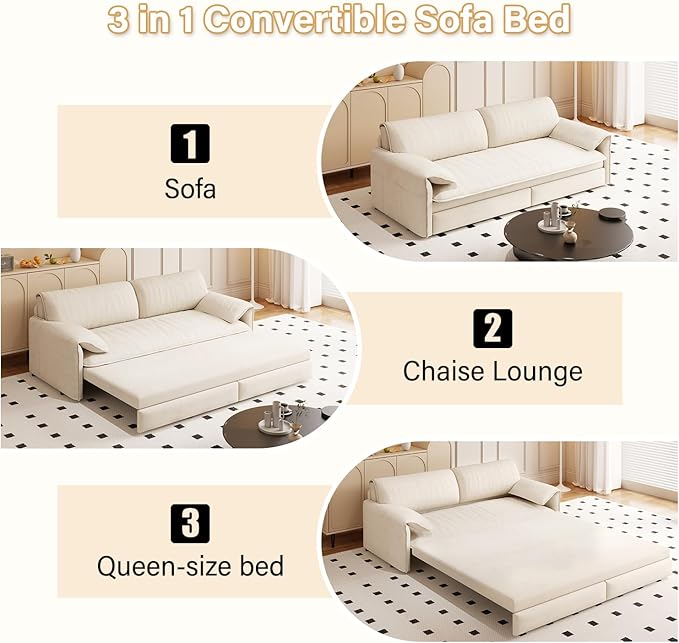 Eafurn 66" Convertible Sofa Bed Queen Size, 3-in-1 Pull Out Sleeper Couch Sofabed, Modern Velvet Loveseat Chaise Lounge w/Side Storage Pocket for Living Room Office | Removable Cushions