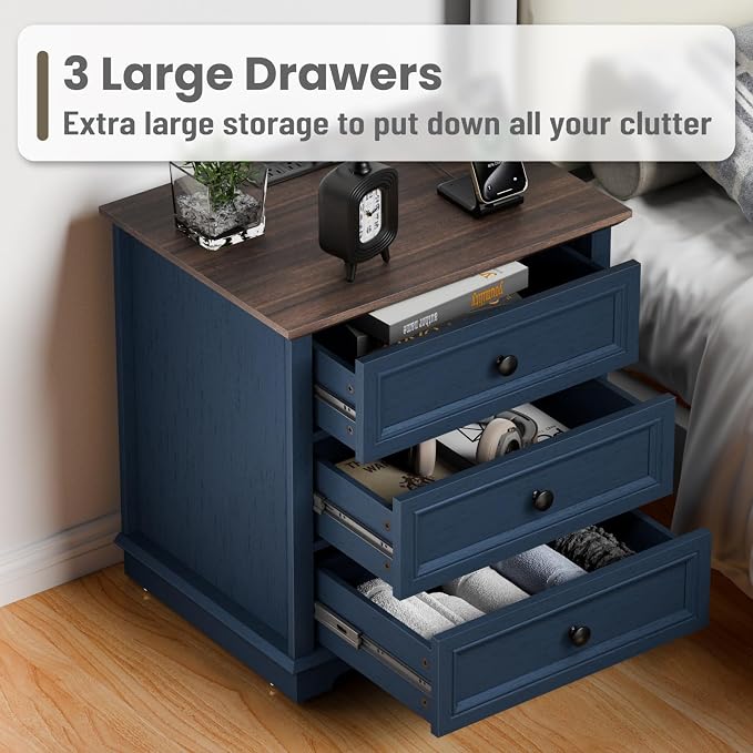 Nightstand with Charging Station, 24” Wide End Table with 3 Drawers, Modern Bedside Table with Storage, Wood Small Dresser for Bedroom Room (Blue) - Image 5