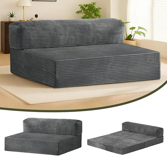 6-inch Folding Mattress Convertible Sofa Bed, Floor Bed & Sleeping Couch with Removable Corduroy Cover & Carry Handles, High-Density Foam (Grey, Queen)