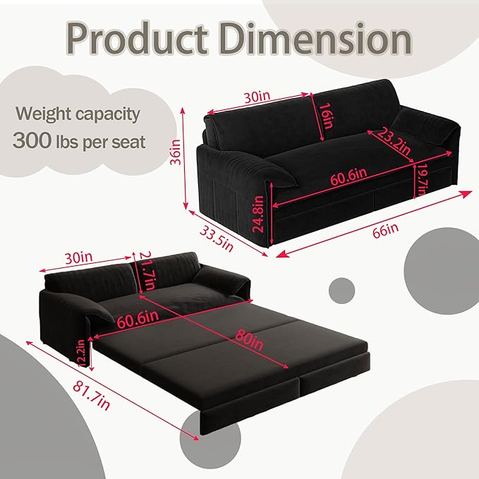 66" Queen Size Pull Out Sofa Bed, 3-in-1 Convertible Sleeper with Side Storage and Wheels, Velvet Loveseat for Living Room, Apartment, Bedroom, Black (Mattress & Bedding Not Included)