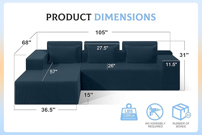 Homguava Modular Sectional Couches for Living Room,105" Cloud Couch with L-Shape Chaise,Comfy Sofa Living Room Sofas with Deep Seat,No Assembly L Couch,Corduroy Fabric(Blue,L)