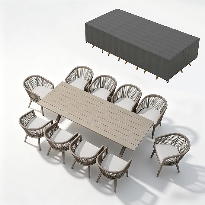 PURPLE LEAF Outdoor Dining Set with Waterproof Furniture Cover 11-Piece All-Weather Patio Set for 10 with Champagne Aluminum Table Rope Weave Chairs and Cushions, Champagne by PURPLELEAF
